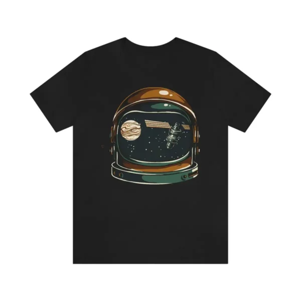 Black T-shirt featuring a space helmet design with planets and stars, perfect for science and space enthusiasts.