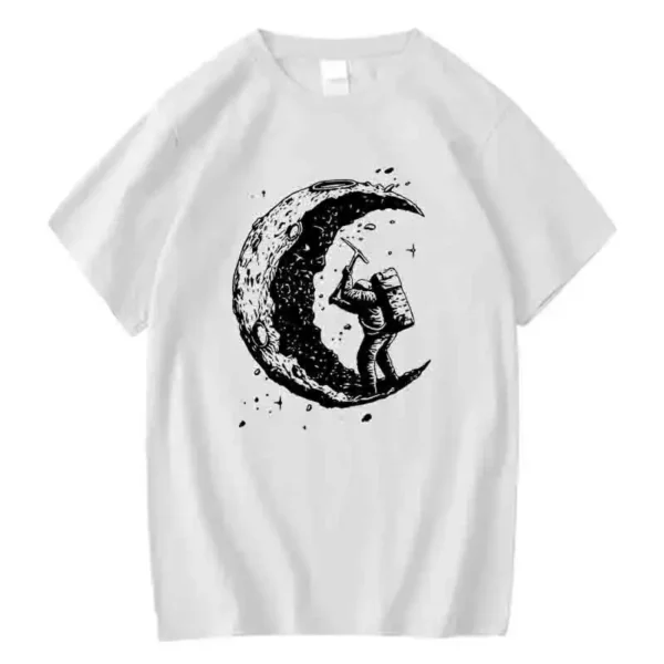 A moon-themed T-shirt featuring an astronaut silhouette climbing on the crescent moon, perfect for science and space-themed fashion.
