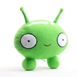 Adorable green alien plush toy with big eyes and antennae, perfect for science-themed decor and educational toys for children.