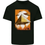 Black T-shirt featuring a graphic of a pyramid with UFOs flying above and a camel rider silhouette, inspired by science fiction and ancient mysteries.