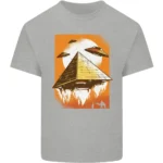 Graphic of a pyramid with flying saucers above it, set against an orange background, on a gray T-shirt.