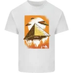 White T-shirt featuring a pyramid with UFOs flying above and fire effects at the base, creating a sci-fi and mysterious design.