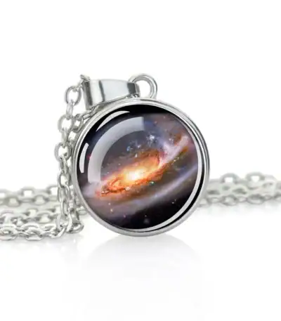 Silver necklace with a round pendant featuring a vibrant galaxy nebula image, perfect for science enthusiasts and space lovers.