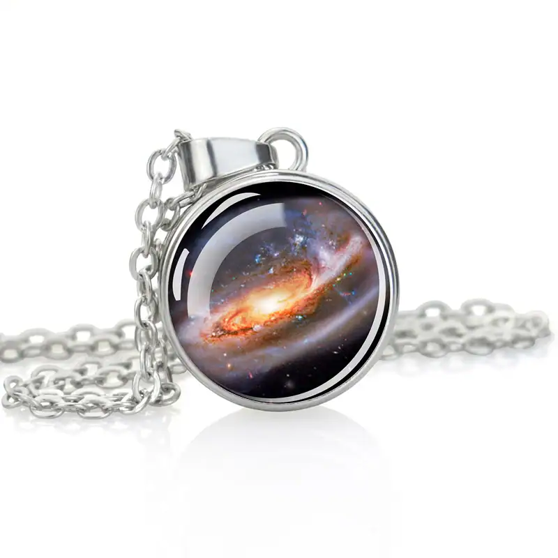 Silver necklace with a round pendant featuring a vibrant galaxy nebula image, perfect for science enthusiasts and space lovers.