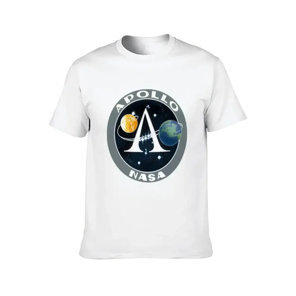 White T-shirt featuring an Apollo NASA logo with a moon, Earth, and starry space background, perfect for space enthusiasts and science lovers.