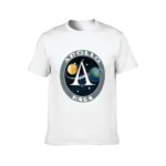 White T-shirt featuring an Apollo NASA logo with a moon, Earth, and starry space background, perfect for space enthusiasts and science lovers.