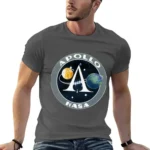 Men's gray T-shirt featuring a NASA Apollo space mission graphic with planets and spacecraft design. Perfect for science enthusiasts and space lovers.