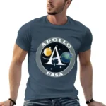 Men's blue T-shirt featuring Apollo NASA logo with moon, rocket, and Earth illustrations, perfect for space enthusiasts and science lovers.