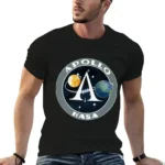 Black men's T-shirt featuring a NASA Apollo space mission graphic with planets and rocket illustration. Perfect for science enthusiasts and space lovers.