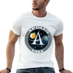 White men's T-shirt featuring an Apollo NASA space mission graphic with planets and rockets, ideal for science and space enthusiasts.