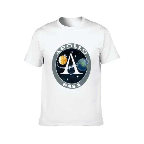 White T-shirt featuring an Apollo NASA logo with a moon, Earth, and starry space background, perfect for space enthusiasts and science lovers.