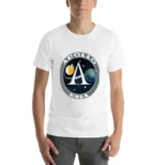 White T-shirt featuring a NASA Apollo mission logo with planets and spacecraft design, perfect for space enthusiasts and science lovers.