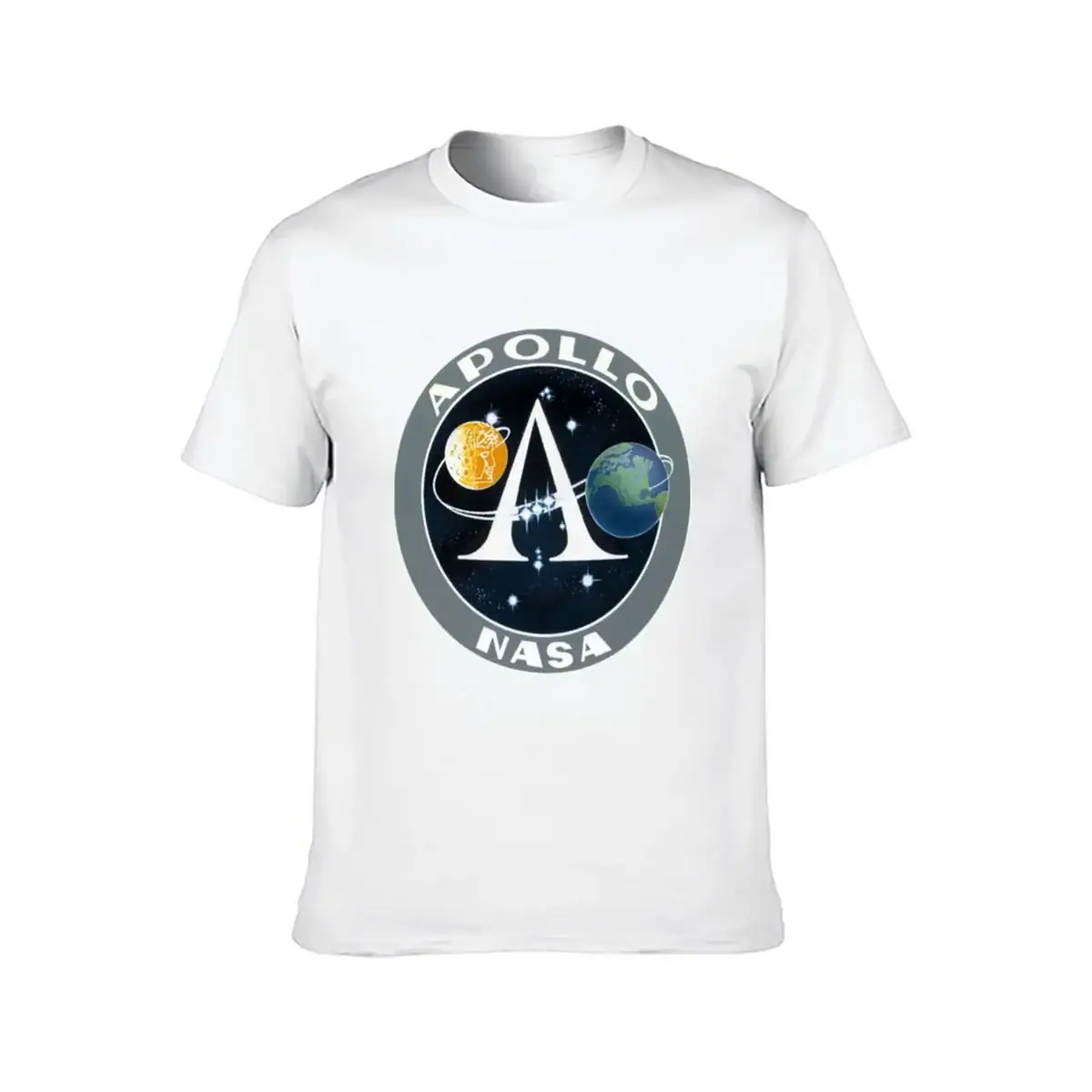 Apollo NASA Space T-Shirt White T-shirt featuring an Apollo NASA logo with a moon, Earth, and starry space background, perfect for space enthusiasts and science lovers.