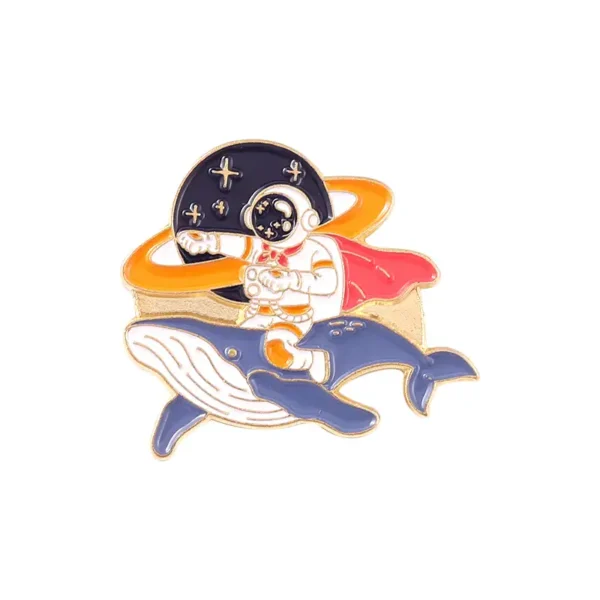 Enamel pin featuring an astronaut riding a whale with a space background, perfect for science and space enthusiasts.