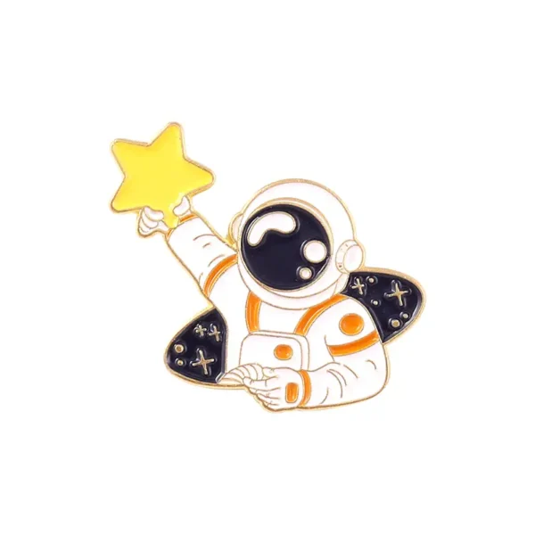 Cute astronaut figure holding a yellow star, featuring a black and white space suit with orange accents, set against a plain white background.