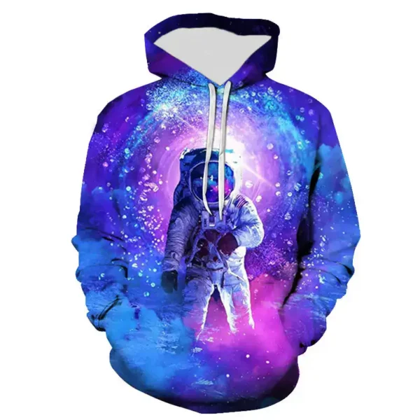 Astronaut in space galaxy hoodie with vibrant colors and cosmic design. Perfect for science enthusiasts and space lovers, featuring a detailed astronaut surrounded by colorful nebulae and stars.
