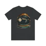 Black T-shirt featuring a space helmet design with planets and stars, perfect for science enthusiasts and space lovers.