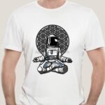 White T-shirt featuring a cartoon astronaut robot sitting in a meditative pose with a geometric background, perfect for science and space enthusiasts.