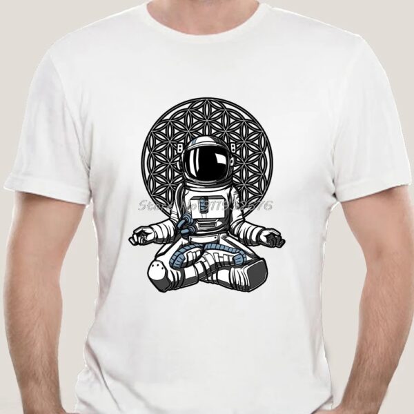 White T-shirt featuring a cartoon astronaut robot sitting in a meditative pose with a geometric background, perfect for science and space enthusiasts.