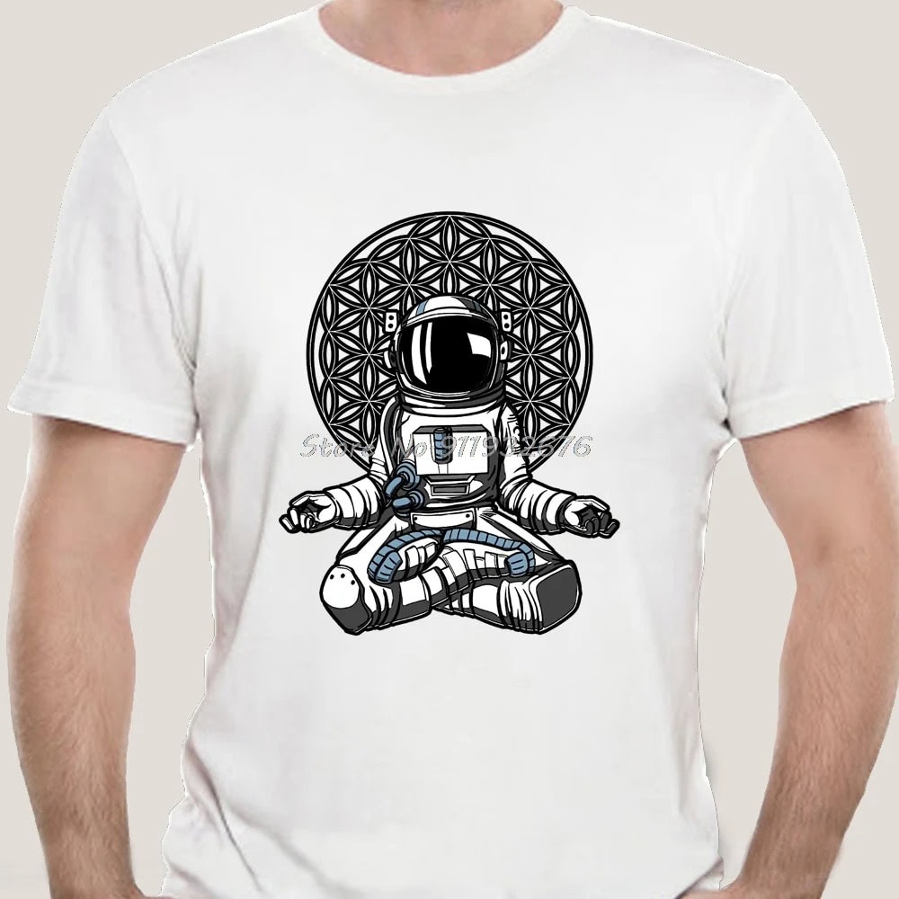 White T-shirt featuring a cartoon astronaut robot sitting in a meditative pose with a geometric background, perfect for science and space enthusiasts.