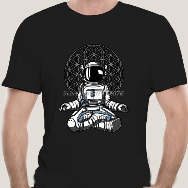 Black T-shirt featuring a detailed illustration of a space explorer astronaut sitting cross-legged with a geometric pattern background, perfect for science and space enthusiasts.