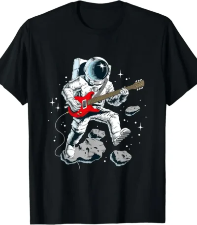 Astronaut in space playing red electric guitar on a black T-shirt, surrounded by stars and rocks, blending space exploration with music.