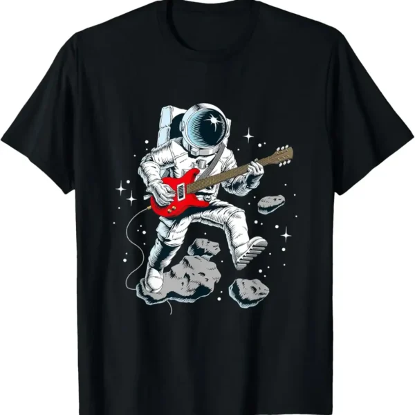 Astronaut in space playing red electric guitar on a black T-shirt, surrounded by stars and rocks, blending space exploration with music.