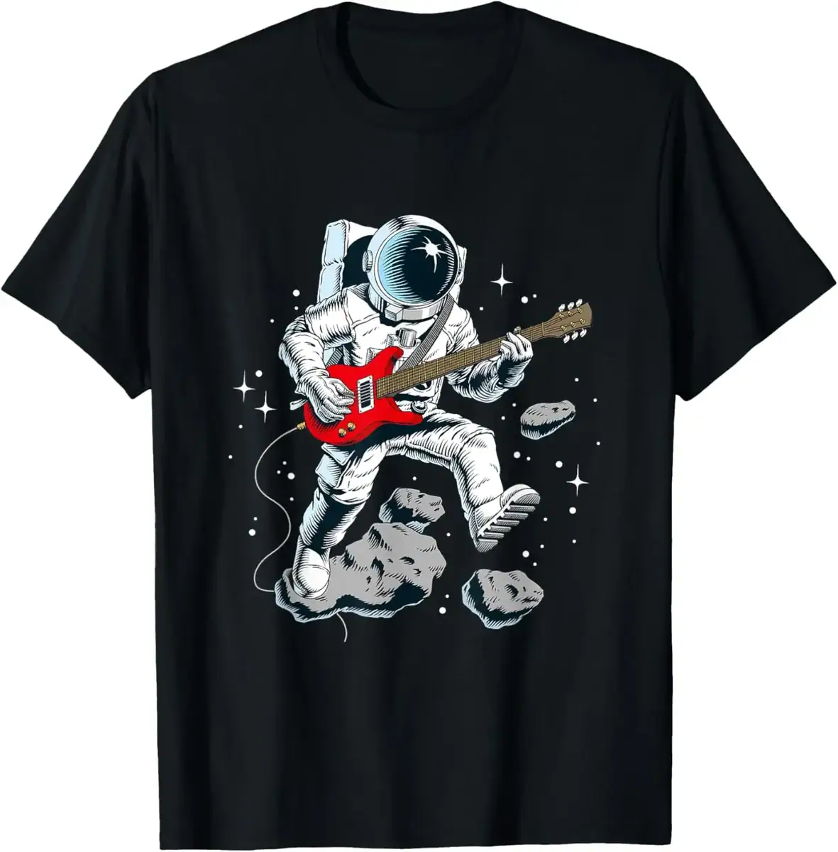 Astronaut Playing Guitar T-Shirt Astronaut in space playing red electric guitar on a black T-shirt, surrounded by stars and rocks, blending space exploration with music.