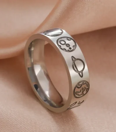 Astronomy-themed silver ring with planet and space motifs.
