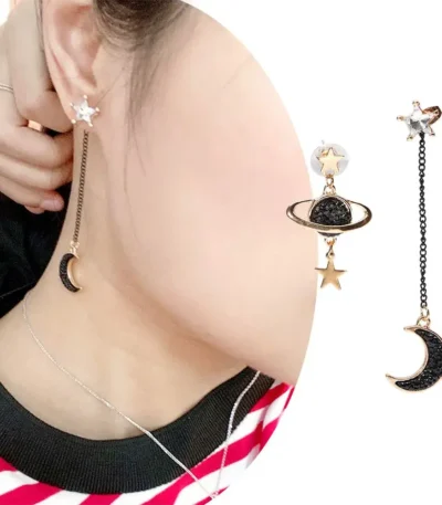 Elegant star and moon dangle earrings featuring a planet pendant, perfect for science-themed jewelry lovers and celestial fashion enthusiasts.