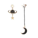 Elegant celestial earrings featuring a star and moon design with black accents, perfect for science-themed jewelry enthusiasts.