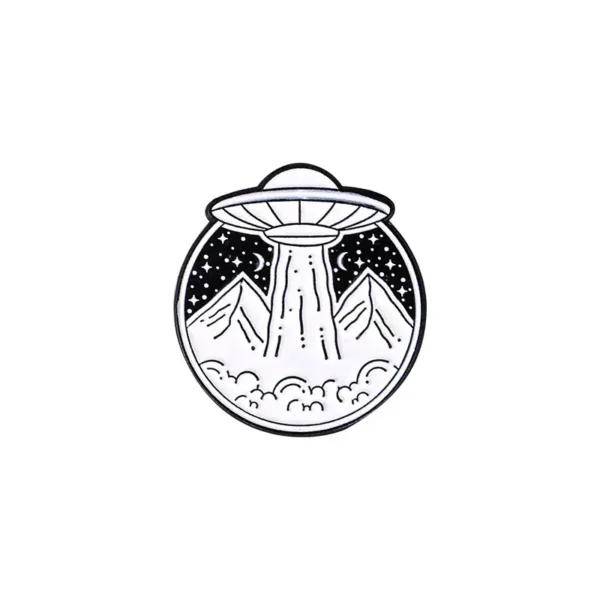 UFO hovering above mountain landscape with stars and clouds, black and white line art.