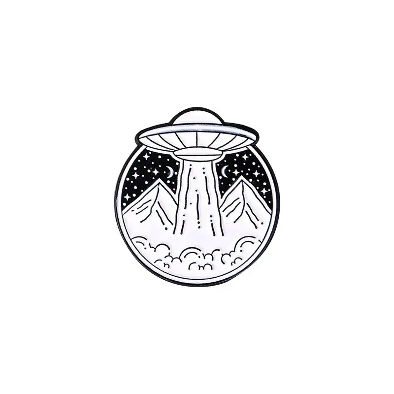 UFO hovering above mountain landscape with stars and clouds, black and white line art.