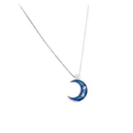 Delicate silver chain with a blue crescent moon pendant featuring white stars, perfect for science-themed jewelry and educational accessories.