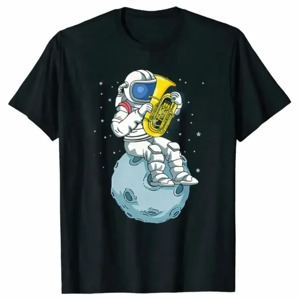 Fun space-themed T-shirt featuring an astronaut playing a tuba while sitting on a moon crater, surrounded by stars, perfect for science and space enthusiasts.