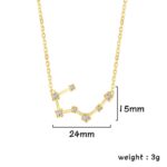 Elegant constellation necklace with gold chain and sparkling gemstones, measuring 24mm by 15mm, weighing 3g. Perfect for science enthusiasts and educational decor.