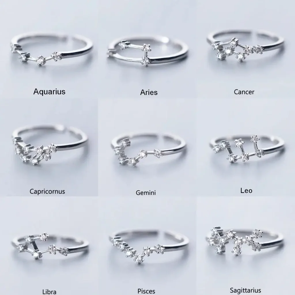 Elegant zodiac constellation rings featuring detailed star and constellation designs in silver finish.