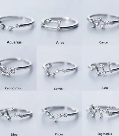 Elegant zodiac constellation rings featuring detailed star and constellation designs in silver finish.