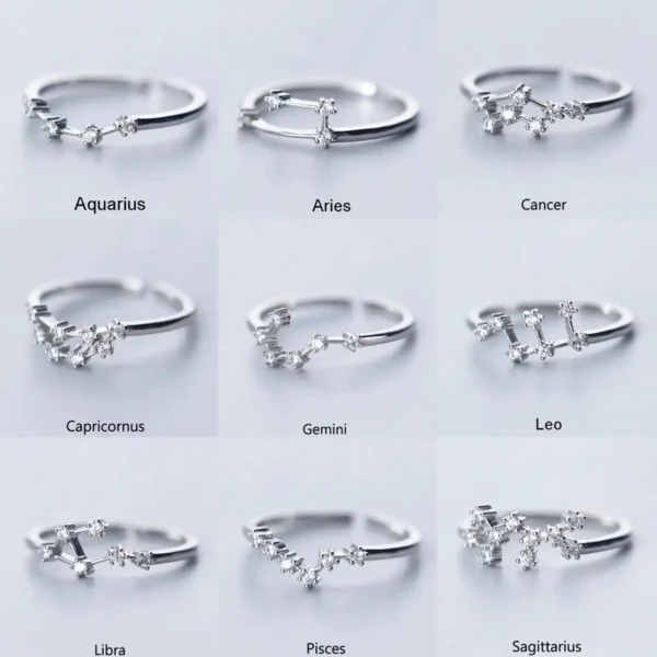 Elegant zodiac constellation rings featuring detailed star and constellation designs in silver finish.