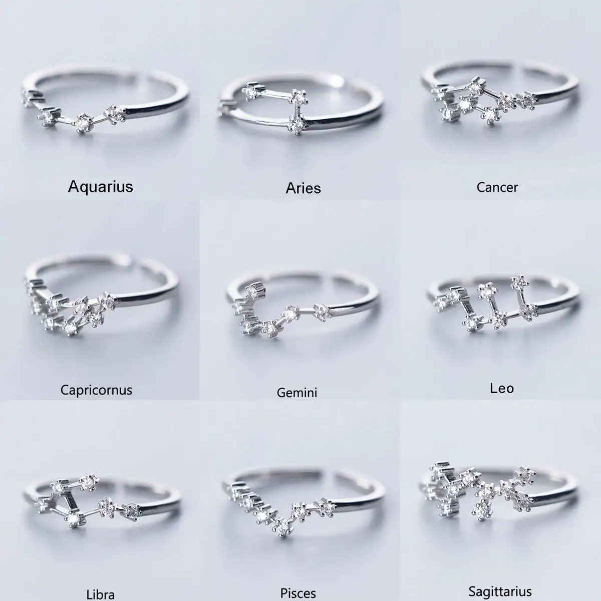 Celestial Zodiac Constellation Rings Collection Elegant zodiac constellation rings featuring detailed star and constellation designs in silver finish.