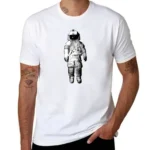 White T-shirt featuring a black and white astronaut graphic print, casual style for space enthusiasts.
