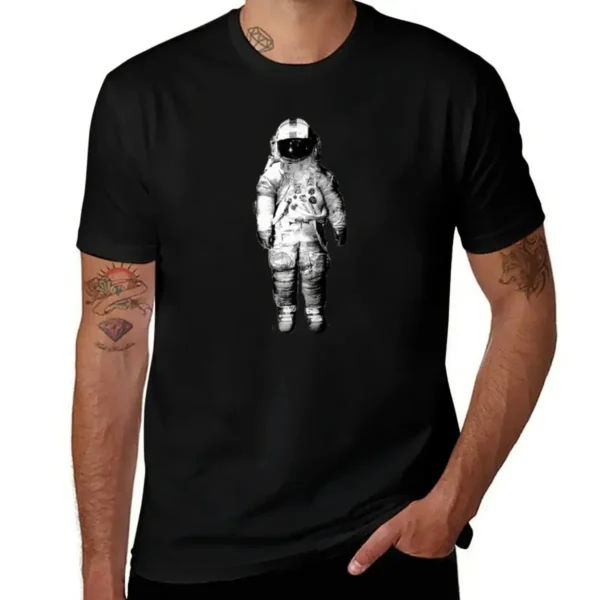 Black T-shirt featuring a detailed astronaut graphic, perfect for space enthusiasts and science lovers.