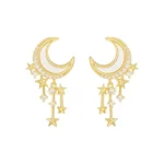 Elegant moon and star dangle earrings with sparkling crystals and gold finish.