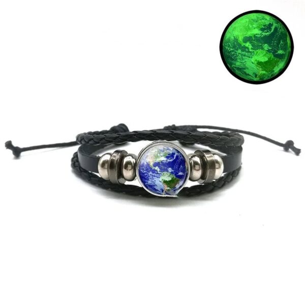 Earth globe bracelet with black leather strap and metallic accents, featuring a detailed Earth globe charm. Perfect for science enthusiasts and educational decor.