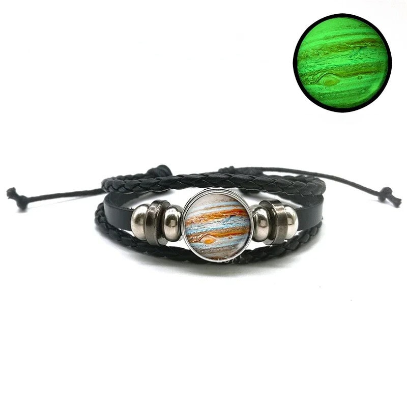 Stylish black leather bracelet featuring a round Earth and Mars planet design, perfect for science enthusiasts and educational decor.