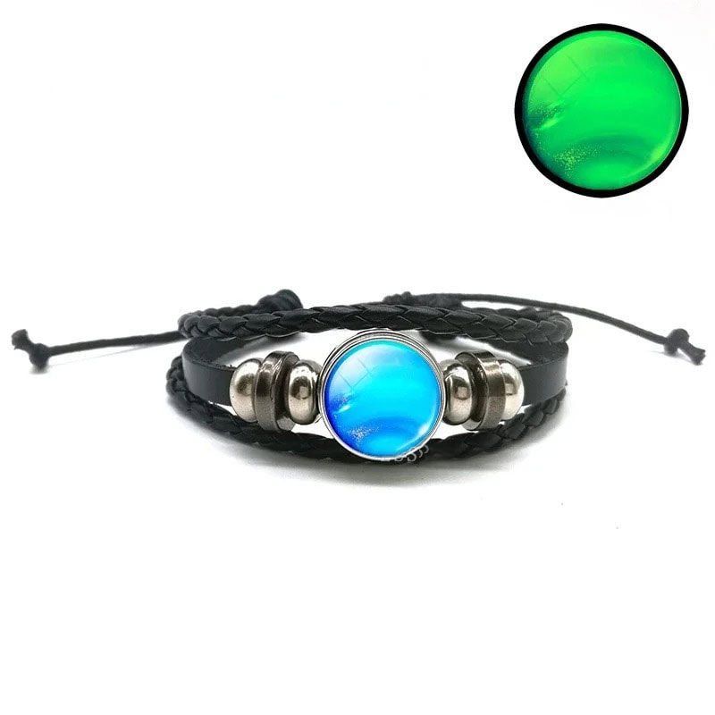 Stylish black leather bracelet with blue and green glass beads, adjustable cord, perfect for casual or boho fashion accessories.