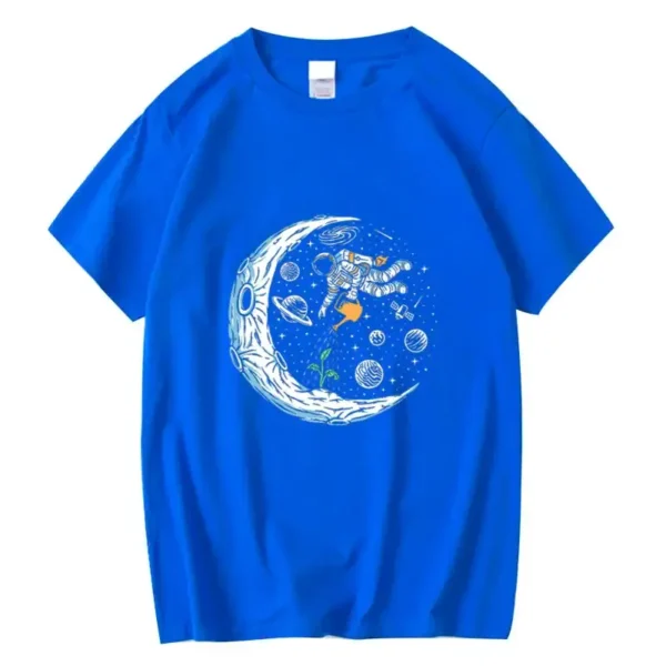 Space explorer t-shirt with astronaut and celestial design for children.