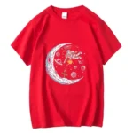 Astronaut floating near a crescent moon with planets and stars on a red background T-shirt.