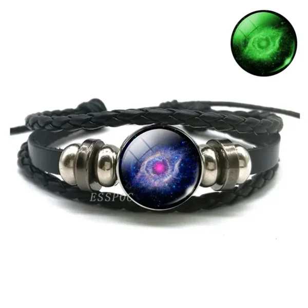 Stylish black leather bracelet featuring a cosmic galaxy centerpiece with a vibrant purple and blue nebula design, accented by metallic beads for a modern, space-inspired look.