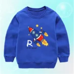 Rocket sweatshirt with space theme, featuring a colorful rocket ship and stars, perfect for children interested in science and space exploration.